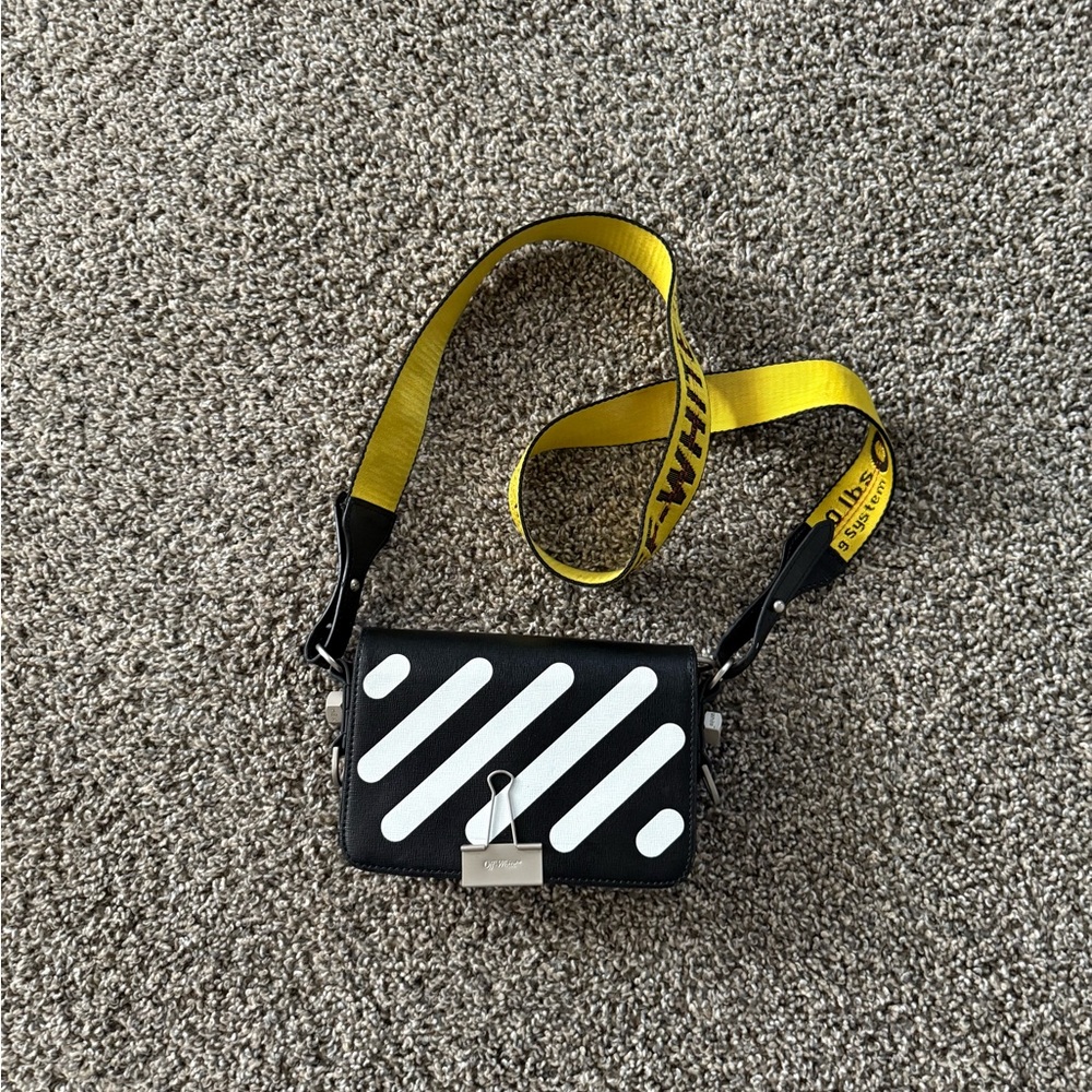 Off-White Black and White Crossbody Bag with Yellow Strap